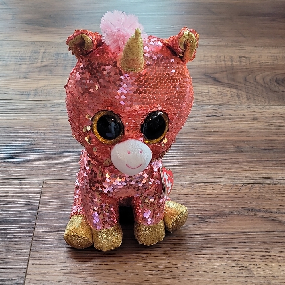 TY Flippable Sequin Plush Toy, Sunset, Pink & Gold, Unicorn